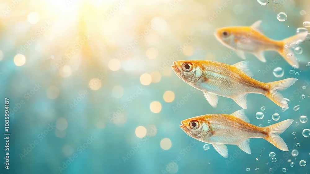 A serene underwater scene featuring three colorful fish swimming gracefully amidst bubbles and soft sunlight. A serene underwater scene featuring three colorful fish swimming gracefully amidst bubbles and soft sunlight.