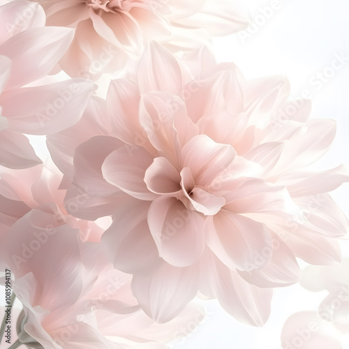 beautiful light pink close-up aesthetic big flowers on white background backlight