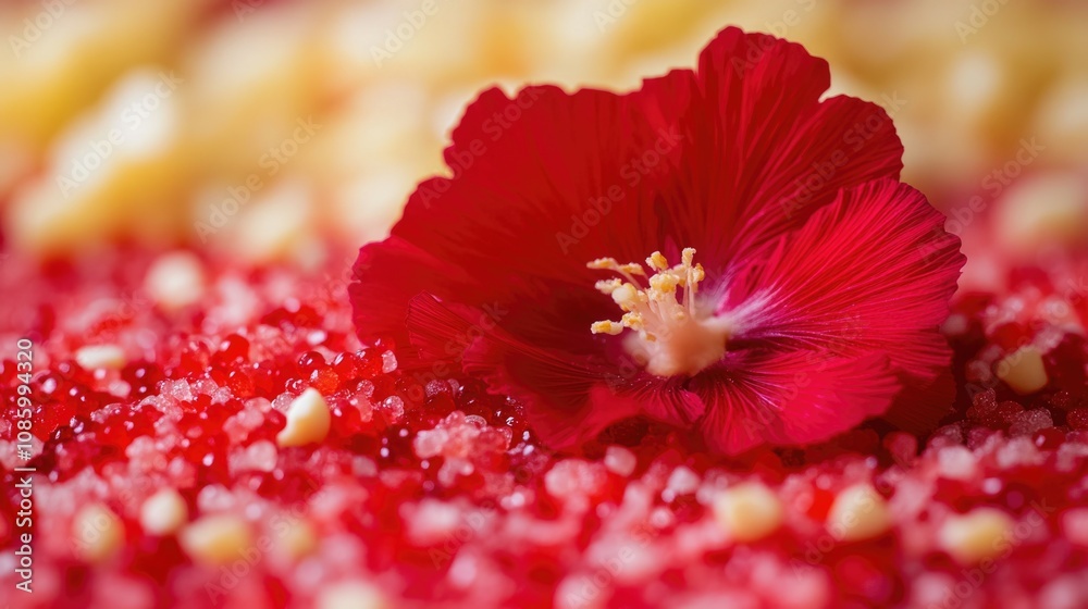 A single red flower sits atop a pile of red sugar, perfect for adding a pop of color to your next design project A single red flower sits atop a pile of red sugar, perfect for adding a pop of color to your next design project