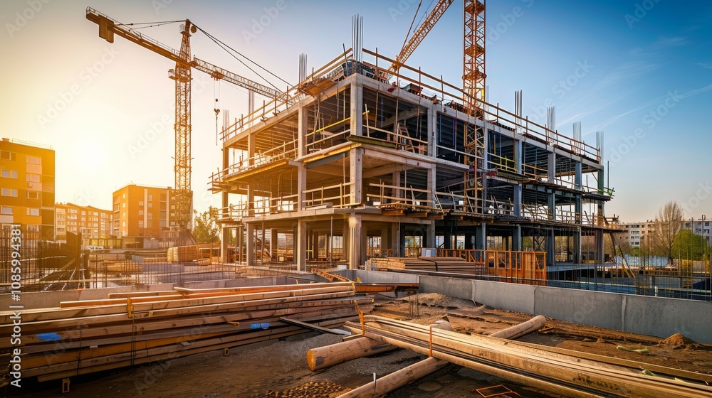 Large Building Construction Site with Clear Blue Sky Large Building Construction Site with Clear Blue Sky