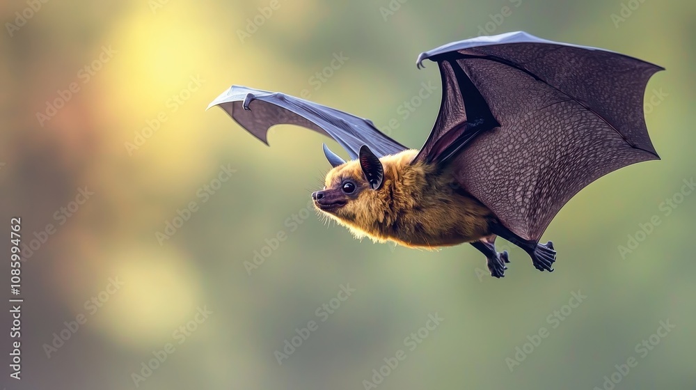 Obraz premium Close-Up of a Majestic Bat in Flight with Outstretched Wings Against a Soft, Blurred Background of Green and Yellow Hues, Capturing Nature's Beauty and Grace