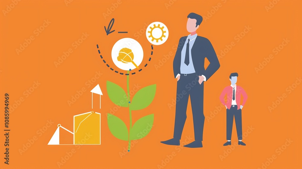 Obraz premium Depict businessman next to a business growth icon showcasing a company founders focus on business development and scaling Features elements of business innovator and business mentor
