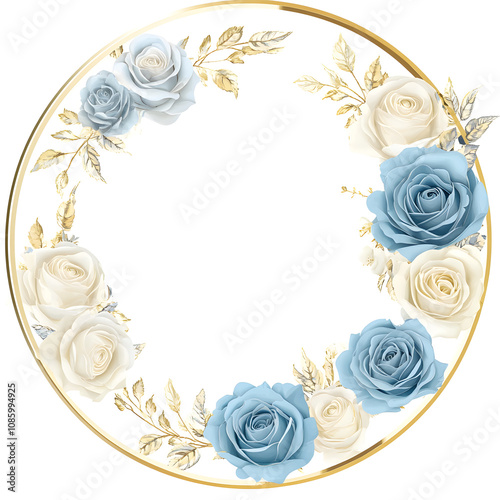 white roses circle with a contemporary gold border on a plain white background