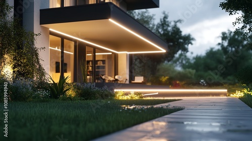  House with Modern Facade and LED Light Strip photo