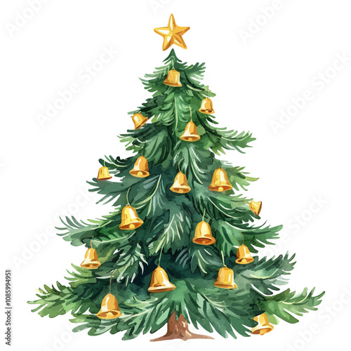 A watercolor vector of a traditional Christmas tree, beautifully decorated with ornaments, lights, and a star on top, isolated on a white background. Traditional Christmas tree vector.