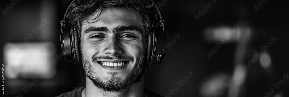 The image showcases a happy European male with headphones, radiating positivity and enjoyment of life, all framed by a soothing monochrome backdrop for a stylish mock-up design, banner The image showcases a happy European male with headphones, radiating positivity and enjoyment of life, all framed by a soothing monochrome backdrop for a stylish mock-up design, banner