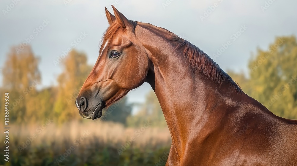 Obraz premium Majestic Chestnut Horse Portrait in Natural Setting with Soft Background, Showcasing Grace and Beauty of Equine Animal Against Scenic Landscape