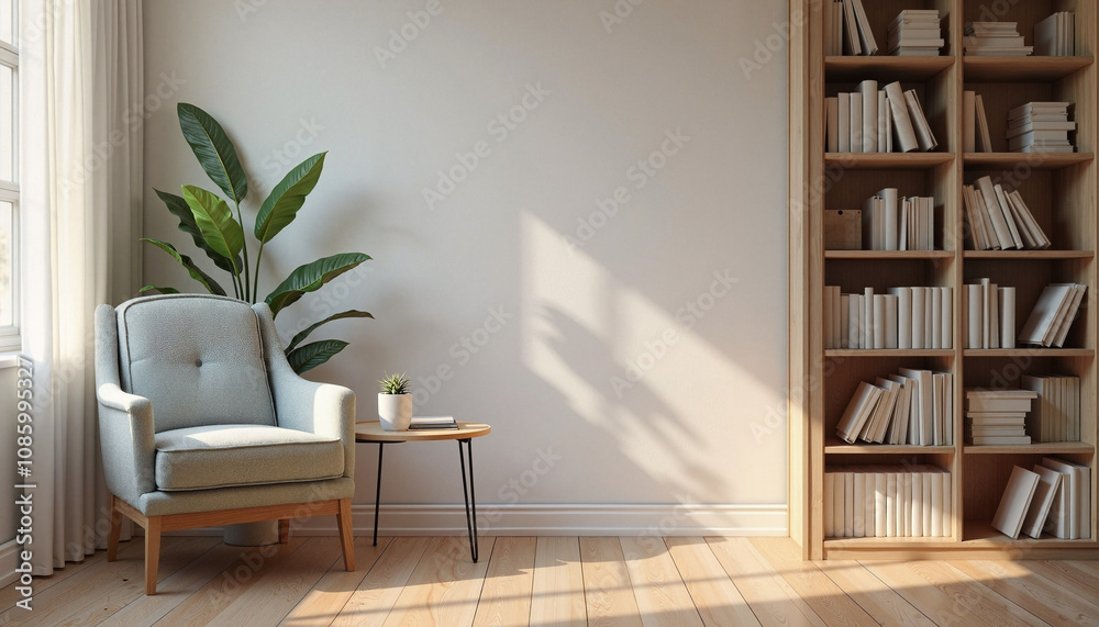 Bright and inviting cozy reading nook with a plush chair and a well-stocked bookshelf in sunny afternoon light Bright and inviting cozy reading nook with a plush chair and a well-stocked bookshelf in sunny afternoon light