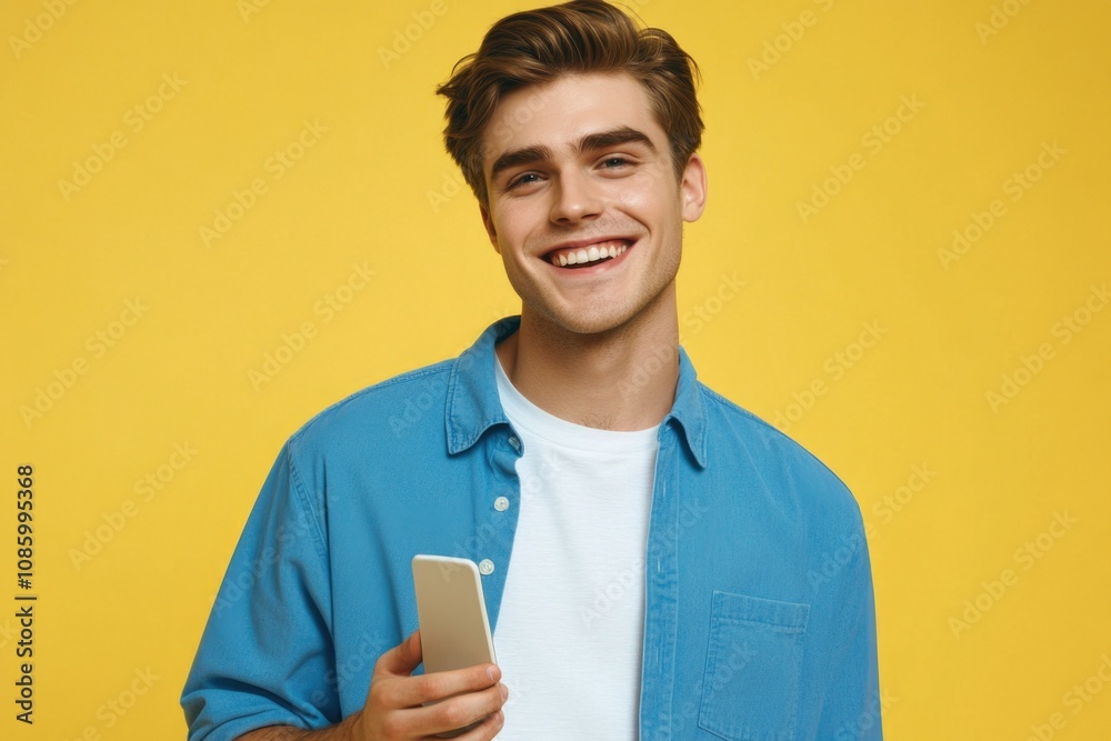 A person holds a cell phone while wearing a blue shirt, suitable for various scenes and uses A person holds a cell phone while wearing a blue shirt, suitable for various scenes and uses