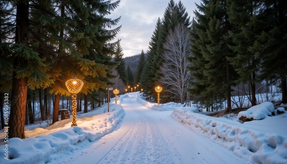 Snow-covered forest path with illuminated street lamps Snow-covered forest path with illuminated street lamps