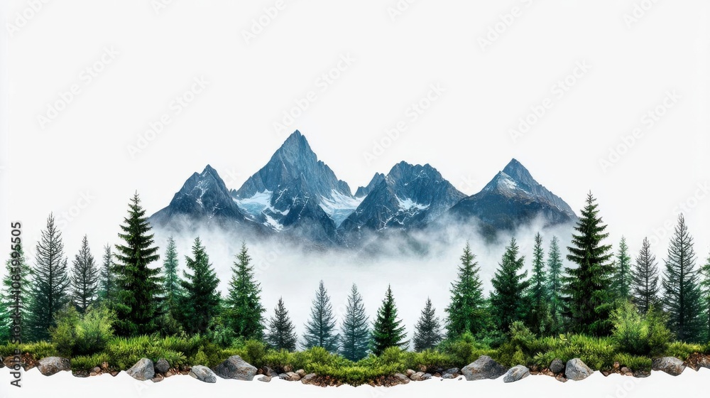 Fototapeta premium A photostock of misty mountain range with green trees below on isolated on transparent PNG background, High Quality.