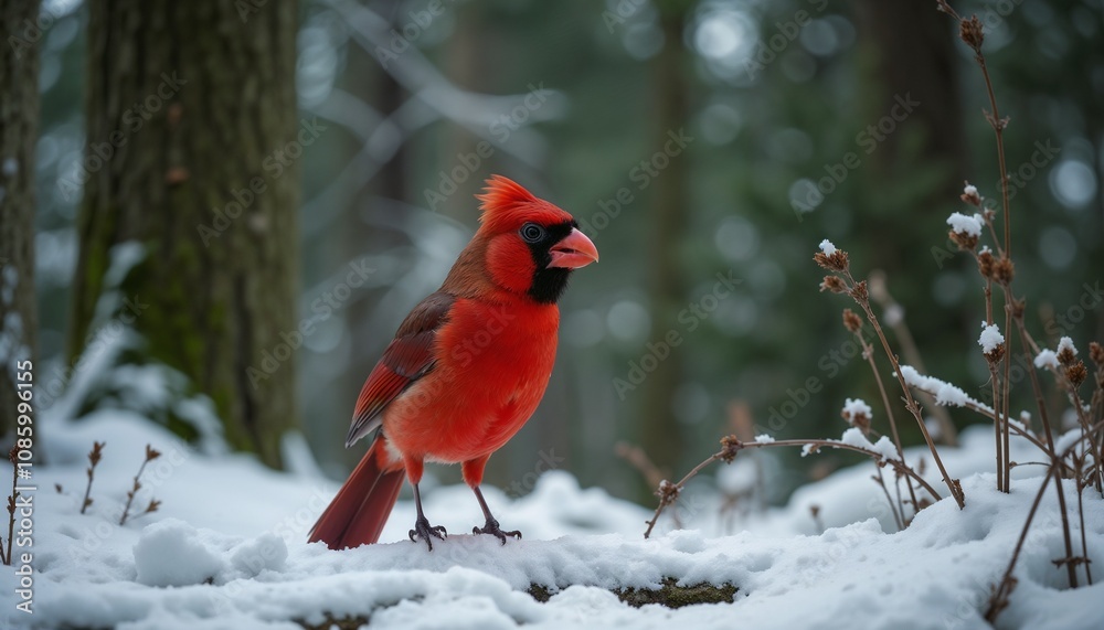 A vibrant red cardinal bird perched on snowy ground in a forest A vibrant red cardinal bird perched on snowy ground in a forest