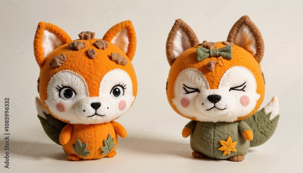 Two adorable fox-shaped plush toys with autumn-themed design
