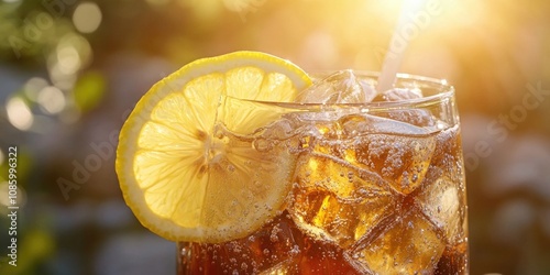 A close-up shot of a glass of soda with a slice of lemon photo