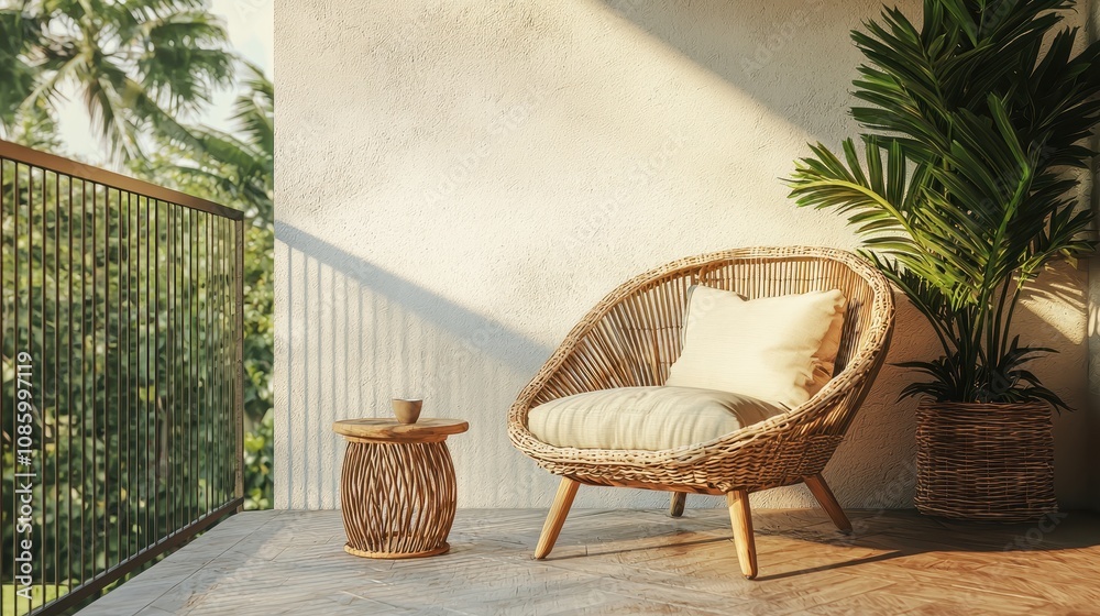 Cozy and Inviting Outdoor Seating Area Featuring a Stylish Rattan Chair and Table Surrounded by Lush Greenery and Natural Light for a Relaxing Ambiance Cozy and Inviting Outdoor Seating Area Featuring a Stylish Rattan Chair and Table Surrounded by Lush Greenery and Natural Light for a Relaxing Ambiance
