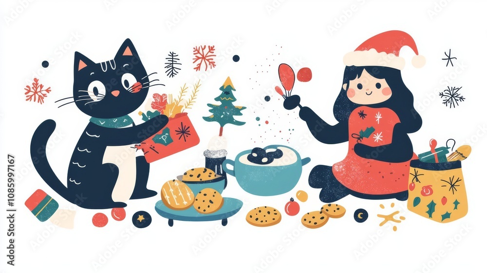 Fototapeta premium Festive scene with cat and girl preparing treats.