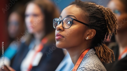 A Young Woman with Dreadlocks Wearing Glasses and a Conference Badge