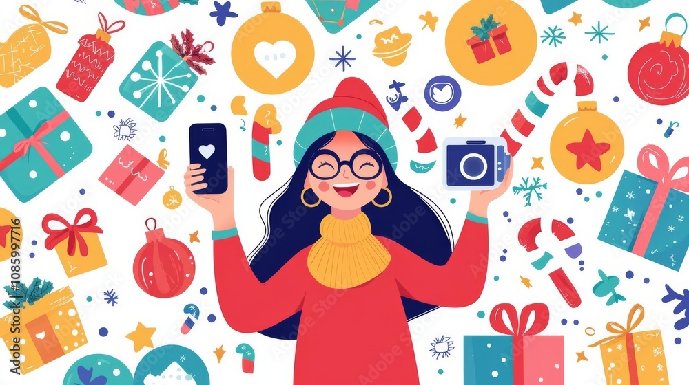 Festive woman celebrating holiday with gifts.