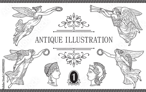 Greek goddess mythology antique illustration. Vector isolated Antique angel. Black and white line drawing 1