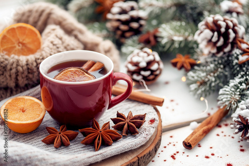 Hot Christmas mulled wine with orange, cinnamon and star anise in red cup on white background