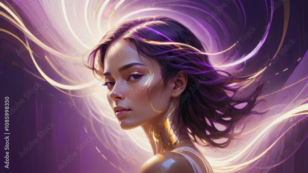 Ethereal portrait of a young woman with glowing highlights and flowing hair, set against a vibrant purple and golden swirl background. Ethereal portrait of a young woman with glowing highlights and flowing hair, set against a vibrant purple and golden swirl background.