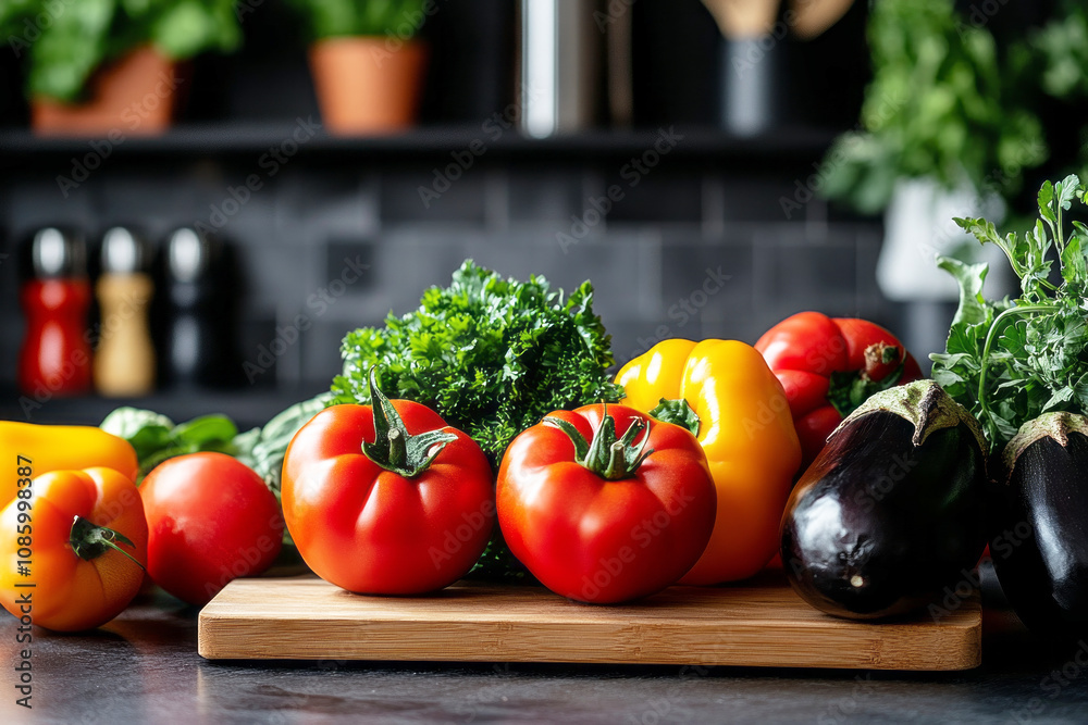 A close-up of a kitchen table filled with fresh, vibrant vegetables like tomatoes, lettuce, and bell peppers, bringing a colorful, healthy touch to a contemporary kitchen interior A close-up of a kitchen table filled with fresh, vibrant vegetables like tomatoes, lettuce, and bell peppers, bringing a colorful, healthy touch to a contemporary kitchen interior