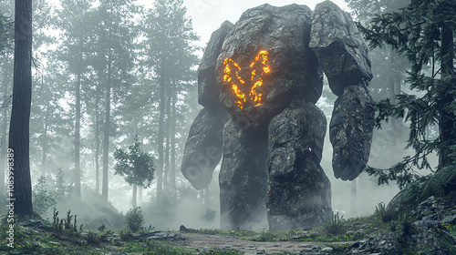 Massive stone golem with glowing markings stands in a misty forest surrounded by tall trees and lush undergrowth during twilight hours