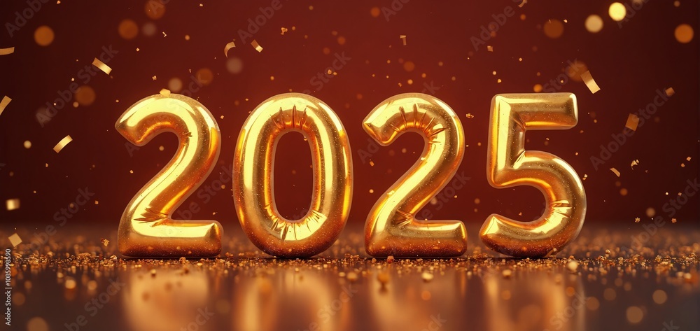 Golden 2025 number display with festive confetti and sparkles for New Year celebration and upcoming events