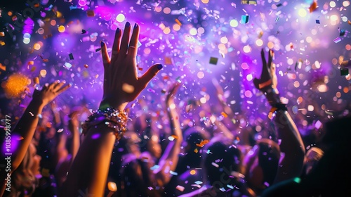 Close-up photo of many party people dancing with purple lights and confetti flying everywhere at a nightclub event, hands raised up, wearing shiny clothes