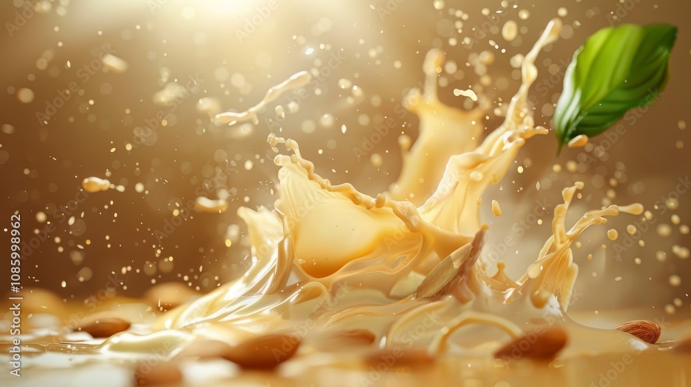 Nutritious almond milk splash  a fresh, vegan delight showcasing pure organic ingredients