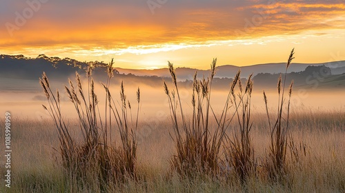 Misty Sunrise Landscape: Serene Dawn over Grassland with Tall Grasses Silhouetted Against a Vibrant Golden Sky.