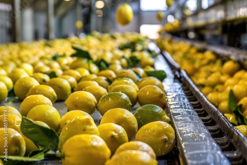 Fresh lemons being transported on a conveyor belt