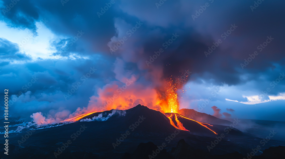 Massive volcanic eruption at twilight with lava cascading down the slopes and ash clouds rising high above the mountain