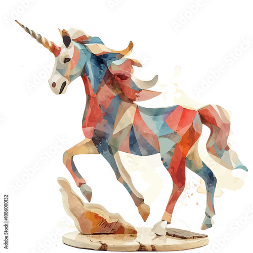 A watercolor drawing of a unicorn figurine, with a flowing mane and tail, standing gracefully, isolated on a white background. Unicorn figurine vector.