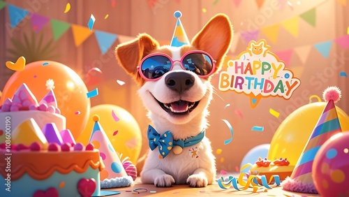 Happy birthday dog with cake and balloons.