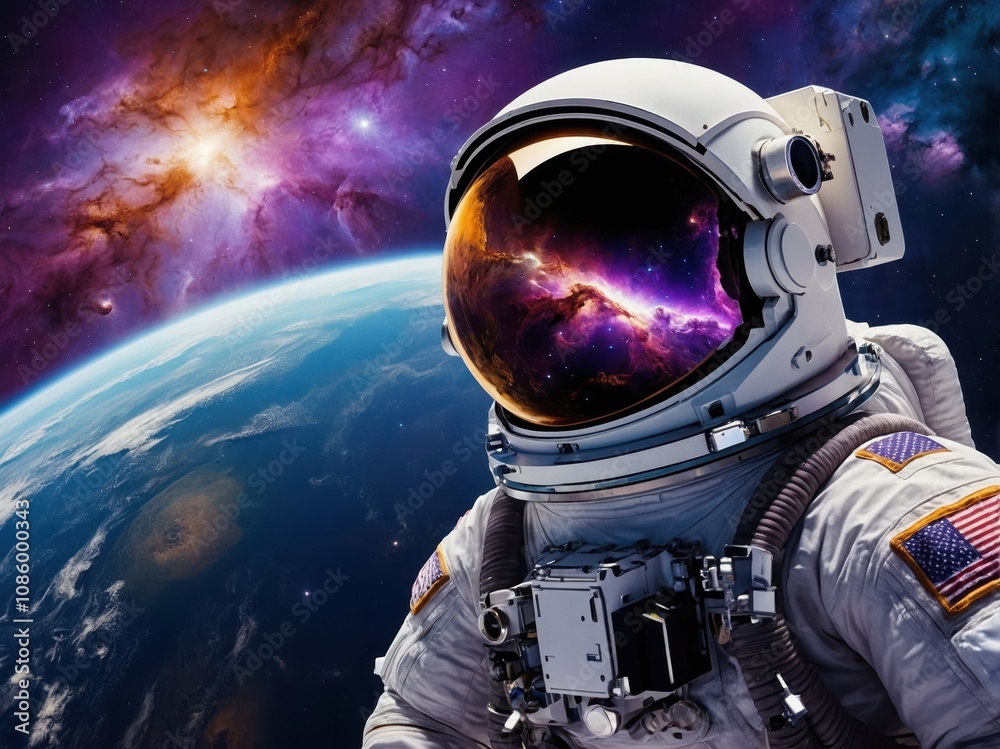 An astronaut floating in deep space, with Earth visible in the distance, surrounded by the vastness of space and stars, creating a sense of wonder An astronaut floating in deep space, with Earth visible in the distance, surrounded by the vastness of space and stars, creating a sense of wonder