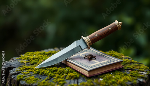 Ritual knife and magic spell book on mossy stump, blurred natural green background. Phurba is a three-sided knife, traditionally of Indo-Tibetan Buddhism. used for esoteric spiritual magic practice  photo