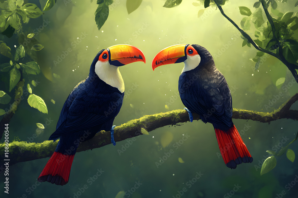 Naklejka premium Romantic toucans on a branch in lush rainforest.