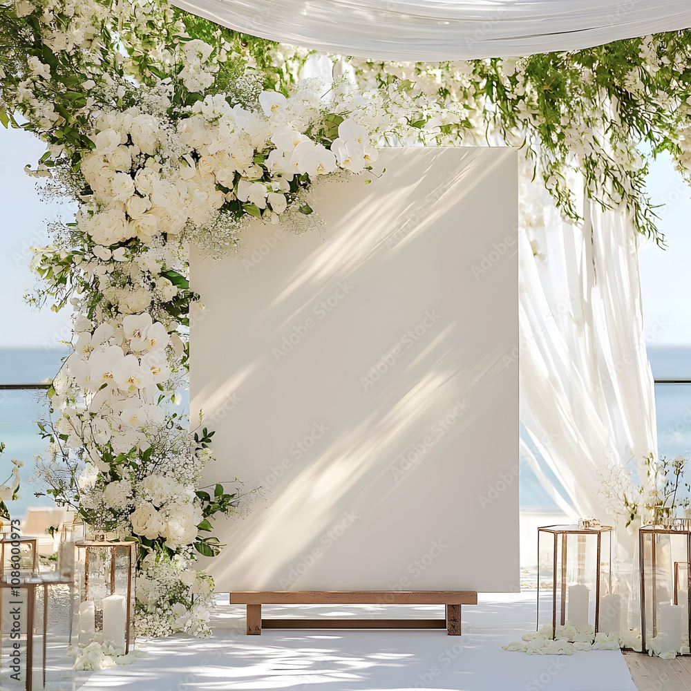 Mockup wedding invitation canvas along white flowers canopy clean classic luxury Mockup wedding invitation canvas along white flowers canopy clean classic luxury