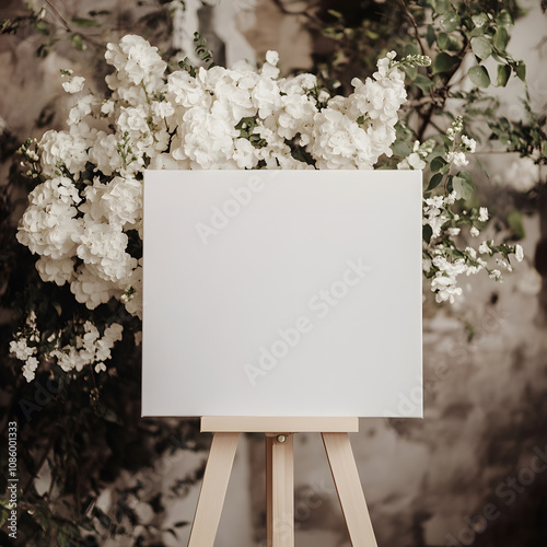Mockup of a white canvas on an easel as a welcome sign at a wedding all monochrome colors, white and beige flowers