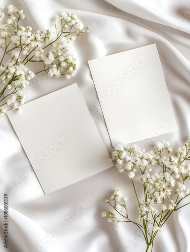 Wedding invitation card mockup, white color, white satin fabric background, with gypsophila flowers