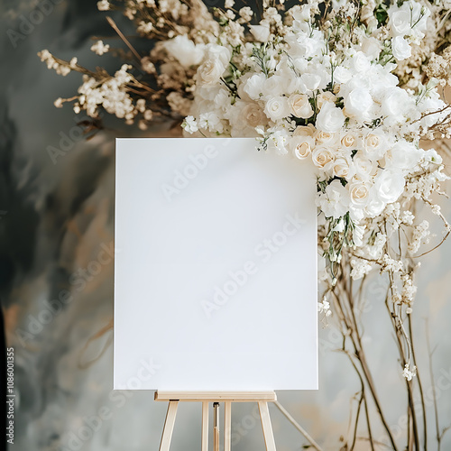 Mockup of a white canvas on an easel as a welcome sign at a wedding all monochrome colors, white and beige flowers