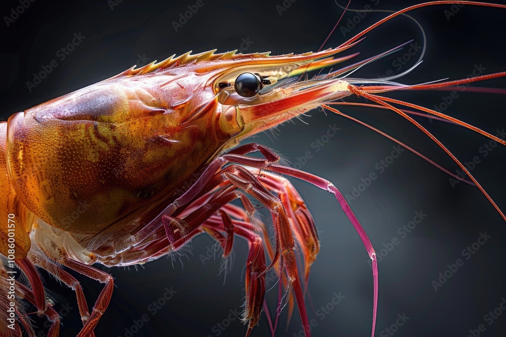 A single shrimp photographed in close-up on a dark background, ideal for use as a decorative element or to highlight seafood products A single shrimp photographed in close-up on a dark background, ideal for use as a decorative element or to highlight seafood products