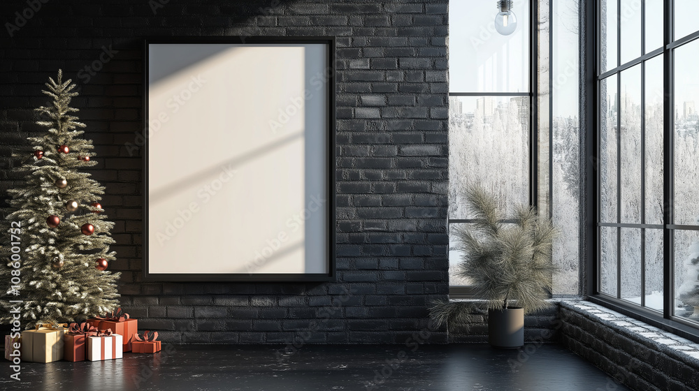 Modern Christmas Room with Tree and Black Brick Wall Mockup Modern Christmas Room with Tree and Black Brick Wall Mockup