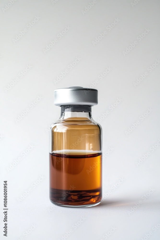 A small glass bottle filled with liquid on a white surface A small glass bottle filled with liquid on a white surface