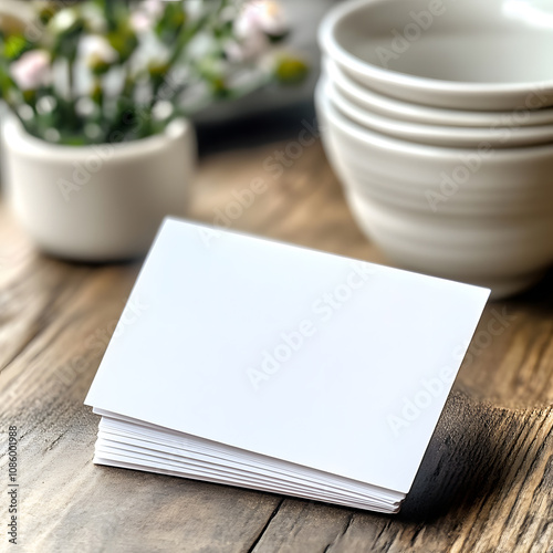 5x7 postcard mockup, with mini pot, on wooden background photo