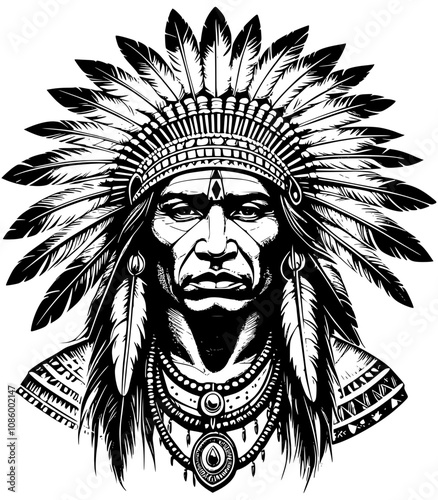 Native American Chief Silhouette mit traditionellem Federschmuck – Vektorillustration