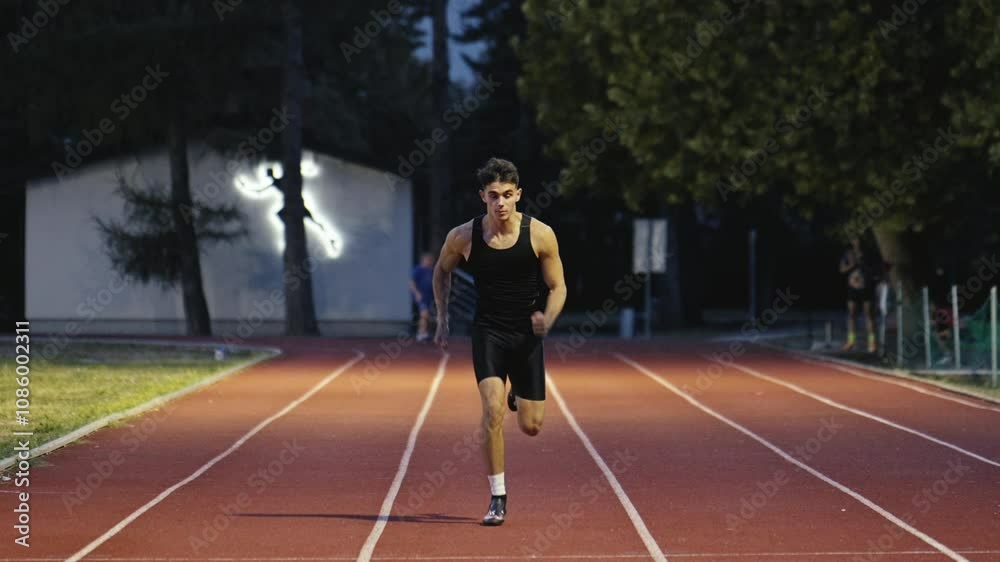 Vertical video of a young athlete running on an athletics track on a sunny morning along a lane of the track. Concept of sport and perseverance.