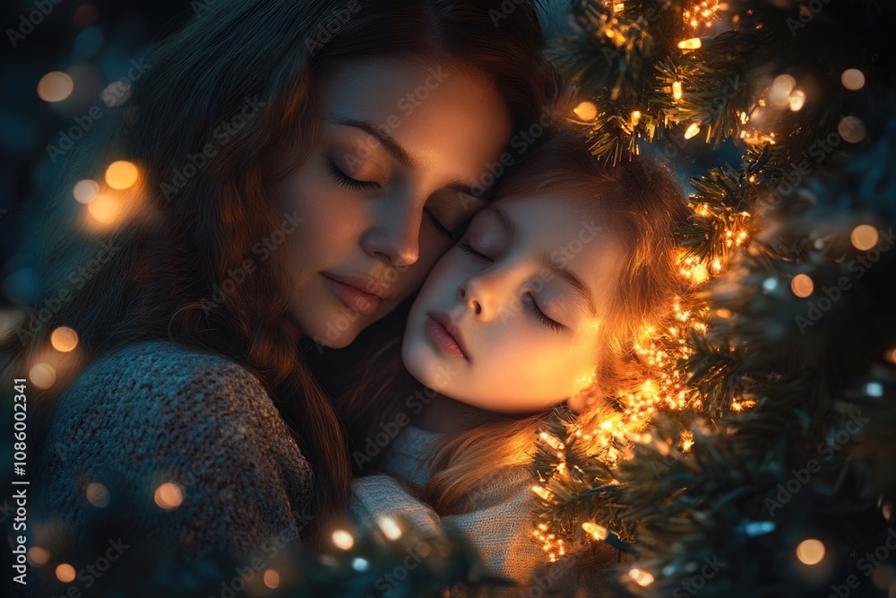 A warm moment between a woman and a young girl as they cuddle up to a decorated Christmas tree A warm moment between a woman and a young girl as they cuddle up to a decorated Christmas tree