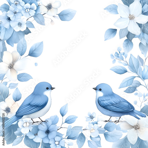 Wedding invitation card mockup in white and light blue, with flower elements, ornate details, realistic